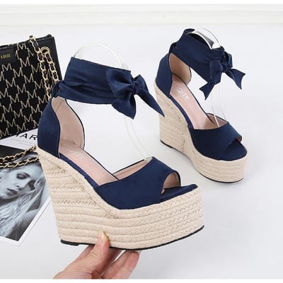 Vrouwen wedge sandalen vrouwelijk platform Bohemen hoge hak sandalen mode enkelbandje open teen damesschoenen 41 marineblauwe kleur