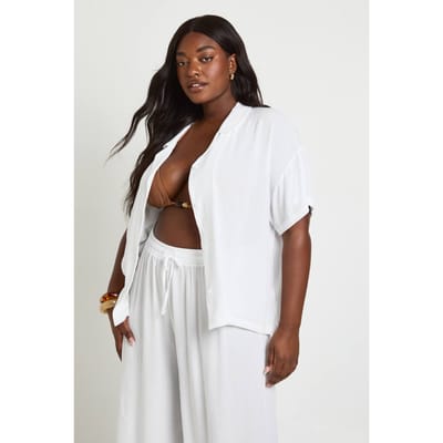 boohoo Dames Plus Essentials Oversized Linnen-look Shirt Met Korte Mouwen | Wit | Maat: 44