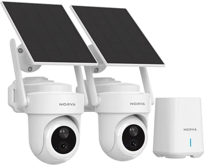 Norva Beveiligingscamera Set 4K Draadloos Wifi – Bewakingscamera Buiten (2 Stuks) – Zonne-energie – Smart Hub met Lokale Opslag – Zonder Abonnement – App – Nachtzicht & Bewegingsdetectie