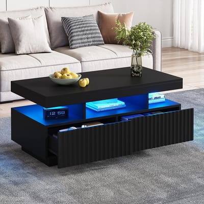BLACKCOLORS Salontafel 100 x 50 x 45 cm met twee lades, vacuümgevormde salontafel met verticale strepen, salontafel, salontafel met LED-lichtstrip, zwart