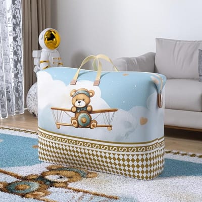 Lot de 1 Sac de Rangement Déménagement avec Motif Avion Ours en Peluche Mignon Résistant à l'Humidité et à la Poussière Organisateur en Tissu Non-Tissé pour Rangement Vêtements & Literie