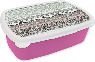 Broodtrommel Roze - Lunchbox - Brooddoos - Planten - Olifant - Patroon - 18x12x6 cm - Kinderen - Meisje