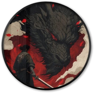 Poster in lijst Rond - Fotolijst 60x60 cm - Posters - Krijger - Draak - Zwart - Rood - Rook - Ronde posterlijst zwart - Decoratie - Wanddecoratie woonkamer - Muurdecoratie slaapkamer