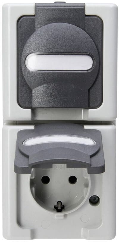 Kopp 131456008 BlueElectric Compleet Wandcontactdoos met randaarde en klapdeksel spatwaterdicht Grijs 1 stuks 1 stuk(s)