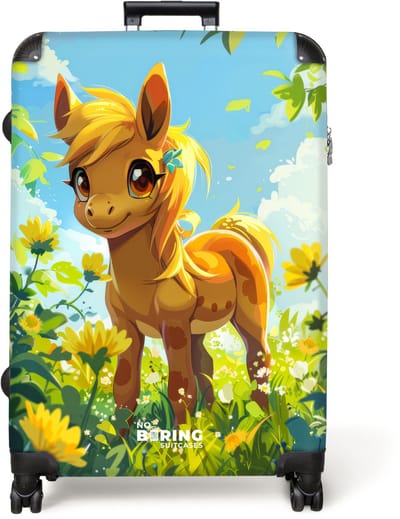 NoBoringSuitcases.com® - Koffer groot - Reiskoffer lichtgewicht - Bruine pony tussen gele bloemen - Rolkoffer met 4 wielen - Grote trolley XL - 98 liter bagage