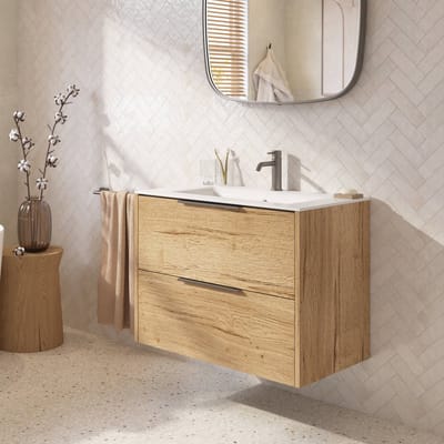 Saqu Lima badmeubel incl. glans witte keramische wastafel 80x51x61cm eiken marcato – gunmetal greep