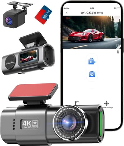 TIM® Selevie Dual Dashcam - Dashcam Voor Auto 4K + 1080p - Voor en Achter Camera – Zwart - 8cm x 7cm x 4cm; 300 g