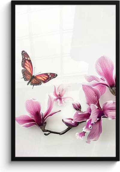 Poster in lijst - Fotolijst 60x90 cm - Posters - Bloesem - Vlinder - Roze - Natuur - Wit - Posterlijst zwart - Wanddecoratie badkamer - Muurdecoratie WC - Decoratieve accessoires - Toilet muur decoratie