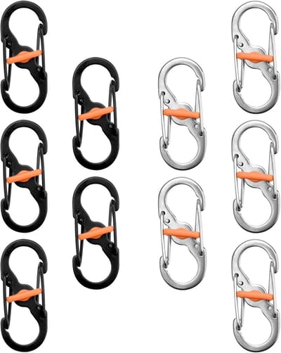 10 stuks S-vormige karabijnhaak met dubbele veer, sleutelhangerclip, S-karabijnhaken voor kamperen, geschikt voor bergbeklimmen, wandelen en fietsen, Anti-val S-gesp, sleutelhanger van roestvrij staal - Cyslmuk®