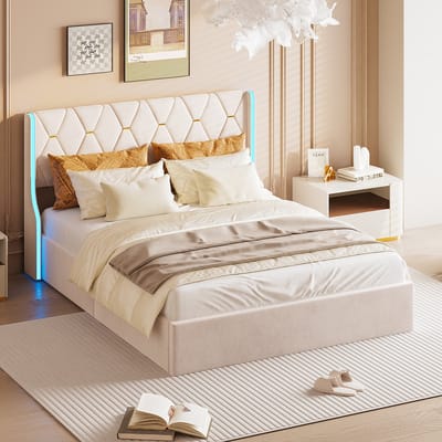 Gestoffeerd tweepersoonsbed 160x200cm, modern bed met hydraulische opbergfunctie, gestoffeerd bed met led-verlichting en lattenbodem, beige fluweel, zonder matras (splitsen voor 2 pakketten voor verzending)