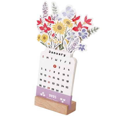 Dailygoods- Bloemenvase Kalender 2026 - Creatieve Maandkalender - Houten Voet - 12 Maanden - Desk Kalender - Multicolor Papier