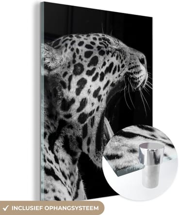 MuchoWow® Glasschilderij 120x160 cm - Schilderij acrylglas - Jaguar - Dier - Zwart - Wit - Foto op glas - Schilderijen