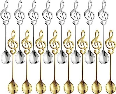 Dailygoods- Koffielepels 16 stuks - Roestvrij Staal - Muzieknoten - Dessertlepels - Cadeaus voor Muzikanten - Vaatwasmachinebestendig - Theelepels