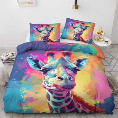 Grappig Giraffe Dekbedovertrek King 3-delig Kleurrijk Dieren Beddengoedset, Zacht Microvezel Graffiti Dekbedovertrekset met Kussenslopen 135x200cm 3pcs&Duvet Cover