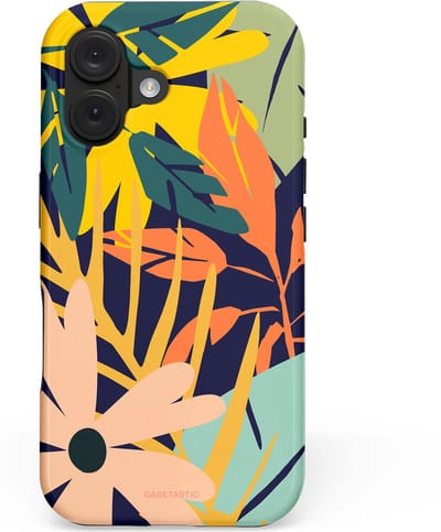 Casetastic hoesje geschikt voor Apple iPhone 16 - MagSafe - Dubbellaagse bescherming - Ruwe bloemen - Fashion Case - Donkerblauw Perzik Geel Mintgroen