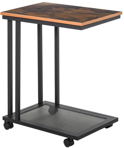 Sweiko C-vormige bijzettafel - met wielen - Salontafel - Metalen frame - Industrieel design - Zwart + walnoothout