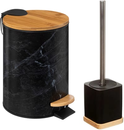 Badkamer/toilet accessoires set - WC-borstel in houder en prullenbak - zwart - bamboe - 3 liter