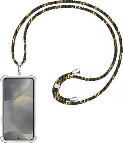 Telefoonkoord + Hoesje Geschikt voor Samsung Galaxy S24 - Lengte Verstelbaar - Telefoonketting - Shock Proof Case - Zwart Goud
