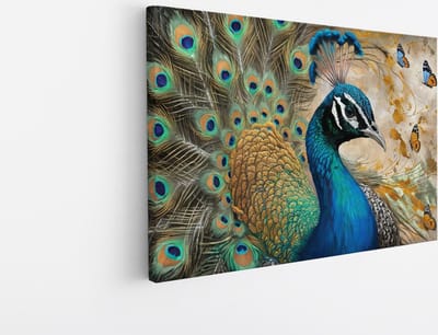 Saammp Canvas Schilderij - Pauw met vlinders - Dieren - Natuur - 45x30 - Foto op canvas - Wanddecoratie - muurdecoratie Woonkamer - Slaapkamer decoratie - Canvas Print