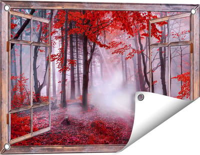 Gards Tuinposter Doorkijk Rood Bos met Bomen - 60x40 cm - Tuindoek - Tuindecoratie - Wanddecoratie buiten - Tuinschilderij