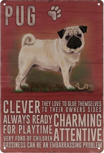 Wandbord – Pug - Mops – Hond – Huisdier - Retro -  Wanddecoratie – Reclame bord – Restaurant – Kroeg - Bar – Cafe - Horeca – Metal Sign – 20x30cm