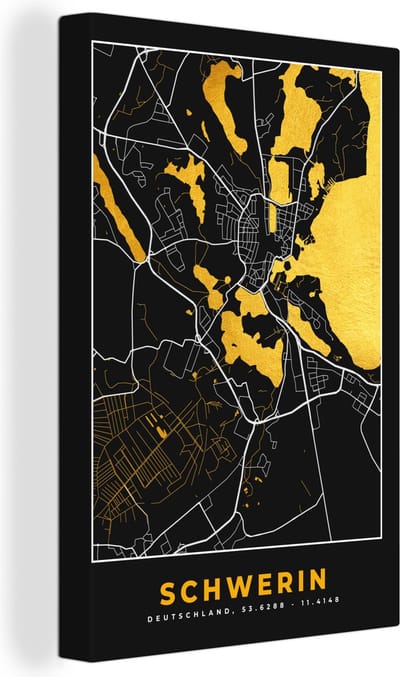 Canvas Schilderij Schwerin - Stadskaart - Plattegrond - Kaart - Duitsland - Goud - 20x30 cm - Wanddecoratie