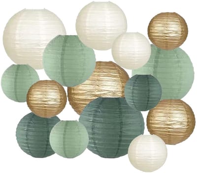 Dailygoods- Lampionnen Pakket van 15 - Ronde Papieren Lantaarns - Saliegroen met Crème-gouden Accenten - Duurzaam en Opvouwbaar - Ideaal voor Buiten en Bruiloft - Afmetingen: 4x25 cm, 4x20 cm, 7x15,24 cm