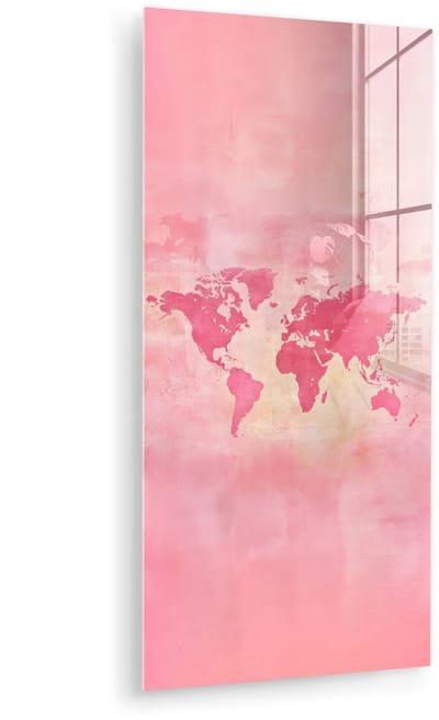 MuchoWow® Glasschilderij 40x80 cm - Schilderij acrylglas - Wereldkaart - Roze - Vaag - Foto op glas - Muurdecoratie woonkamer - Wanddecoratie slaapkamer - Schilderijen
