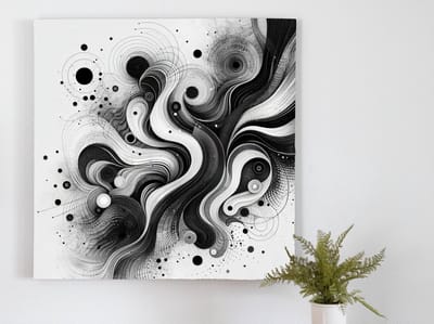 Abstract zwart wit schilderij | Monochrome droomlandschap: een abstracte dans van licht en schaduw | Kunst - 60x60 centimeter op Dibond | Foto op Dibond