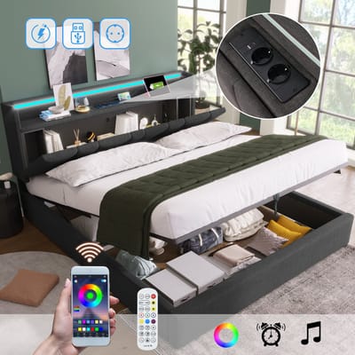 Gestoffeerd tweepersoonsbed met opbergruimte en USB - 140x200 cm - Grijs - Opbergkopdeel met 2 stopcontacten en USB-C - LED-verlichting met app-bediening - Hydraulische lattenbodem inbegrepen