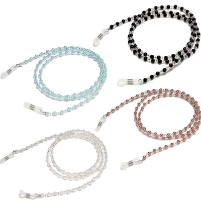 Zwart, lichtblauw, transparant en roségoudkleurig kralen brillenkoord set van 4 stuks – brillenkoord dames – dubbele kralenketting met antislip siliconen uiteinden