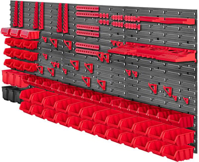 KADAX gereedschapswand groot, 174x78cm opbergsysteem van robuust kunststof, UV-bestendig module-systeem, uitbreidbare wandpanelen, werkplaatsplank voor garage (rood, 150 tlg.)