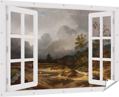 Gards Tuinposter Doorkijk Landschap bij Naderend Onweer - Willem Roelofs - 180x120 cm - Tuindoek - Tuindecoratie - Wanddecoratie buiten - Tuinschilderij