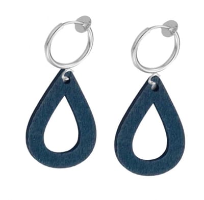 Klem oorbellen- hout- blauw- druppel- zilverkleur- Fleron -geen gaatje-Charme Bijoux