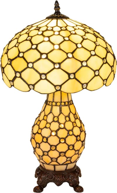 Tiffany tafellamp ruitpatroon - Crème-warmgeel - Ø 30 cm - Glas in lood - Warm licht - Verlichte voet - Glasjuweeltjes | RORUVERA