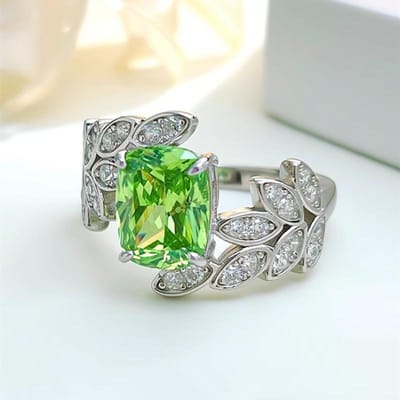 Huitan Unieke Lichtgroene Zirkonia Damesringen Verfijnd Bladontwerp Bruiloftsband Accessoires Luxe Trendy Vrouwen Sieraden 7 green