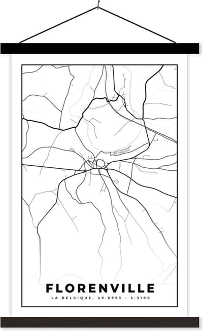 Posterhanger incl. Poster 40x60 cm - Schoolplaat - Stadskaart – Plattegrond – België – Zwart Wit – Florenville – Kaart - Textielposter - Zwarte latten - Stadskaart