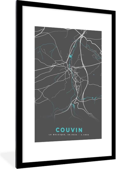 Fotolijst incl. Poster - Stadskaart – Grijs - Kaart – Couvin – België – Plattegrond - 60x90 cm - Posterlijst