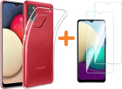 Hoesje Geschikt Voor Samsung Galaxy A02 Hoesje transparante hoesje TPU Back Cover Met ScreenProtector Galaxy A02 2pack glazen tempered