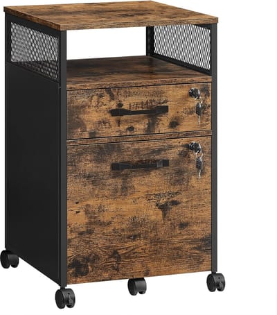 Furnstar Verrijdbare Archiefkast met 2 Afsluitbare Laden – Industrieel Design – Commode - Met slot - 44x42x69cm - Bruin/Zwart