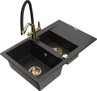 Mexen Gaspar granieten spoelbak 1,5-komorige met afdruiprek en keukenkraan Duo, zwart/goud metallic - 6507-75-671701-57-G