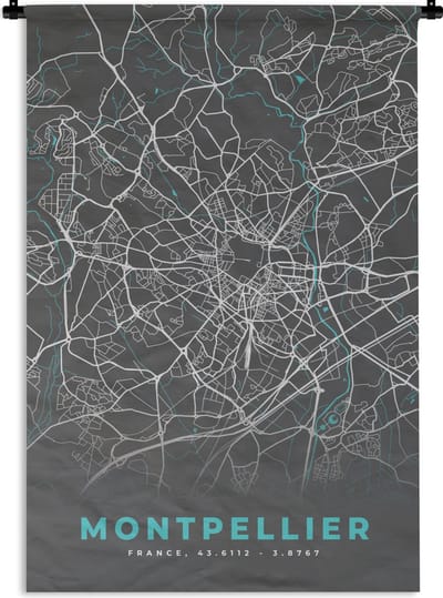 Wandkleed - Wanddoek - Montpellier - Frankrijk - Stadskaart - Kaart - Plattegrond - 120x180 cm - Wandtapijt