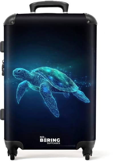 NoBoringSuitcases.com® - Kinderkoffer jongen - Kindertrolley jongens - Lichtgevende schildpad in digitale oceaan - Koffer kind groot - Rolkoffer lichtgewicht - Reiskoffer met 4 wielen - Grote trolley XL - 20 kg bagage