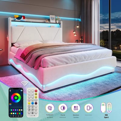 VVBV Opbergbed Gestoffeerd 160x200 cm - Hydraulische Opbergruimte, LED-Verlichting, USB, Bureau, Planken, Lattenbodem