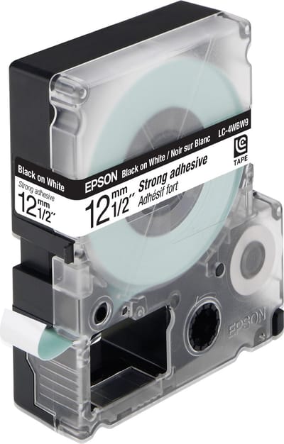 LC-4WBW9 Strong Adh. Black on White tape 12mm