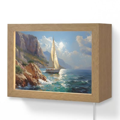 Wandlamp 20x15 cm - Oplaadbaar - Zeilschip - Zee - Rotsen - Wolken - Wandlampen binnen woonkamer - Slaapkamer lamp met kabel - Decoratieve nachtlamp - Vloerlamp snoer