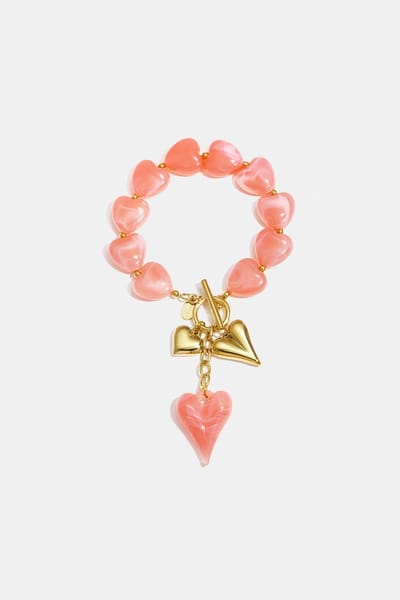 Kralenarmband met Hartjes & Bedels – Stainless Steel & Acryl – Goudkleurig met Roze – 19 cm – Dames Kralen armband - Cadeau voor haar - Verkleurt niet