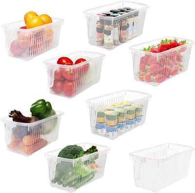 Dailygoods- Opslagcontainers 32 cm - 8 Stuks - Voedselveilige Bakken - Helder Plastic - Handvatten - Perfect voor Koelkast en Diepvries - Opslagbakken