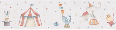 Kinderbehang Profhome 771491-GU behangrand glad met dieren patroon mat grijs rood oranje blauw 5 m