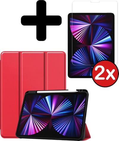 Hoesje - Geschikt voor Apple iPad Pro (2021) - 11 inch - 3e generatie - Met Screenprotector - Trifold Bookcase Hoes - Hard Cover Case - Met Uitsparing Geschikt voor Apple Pencil - Hardcover Book - Tablethoes - Rood